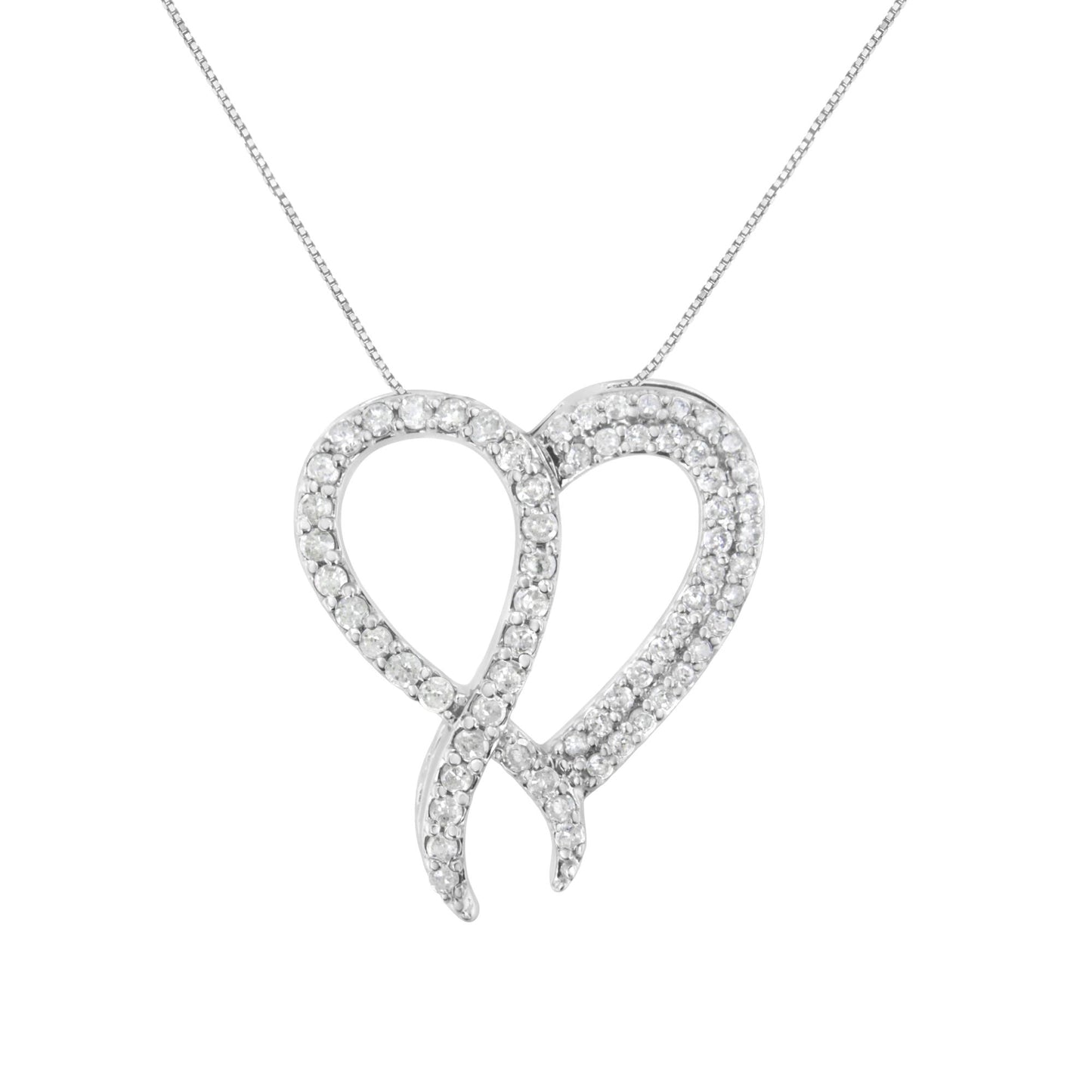 Front-facing shot of a white metal necklace with a heart-shaped pendant featuring intertwined loops, encrusted with round white gemstones in prong settings.