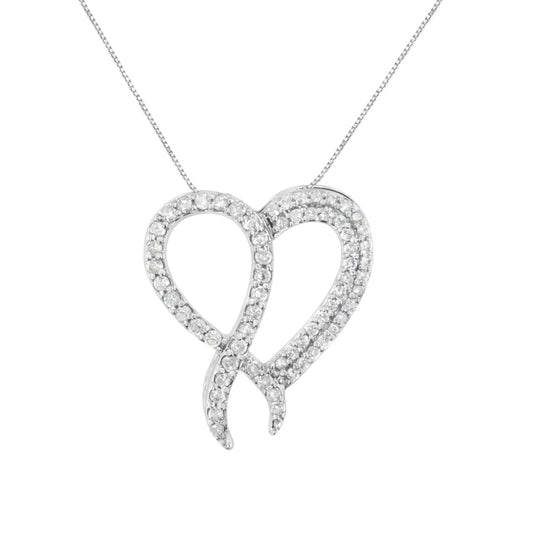 Front-facing shot of a white metal necklace with a heart-shaped pendant featuring intertwined loops, encrusted with round white gemstones in prong settings.