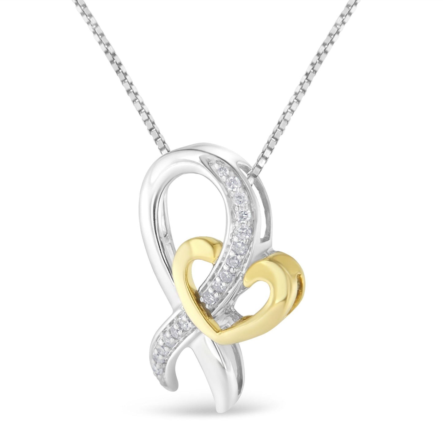 Two-toned necklace pendant with an intertwined design featuring a polished yellow heart and a white curved section accented with round white gemstones, shown from the front angle.