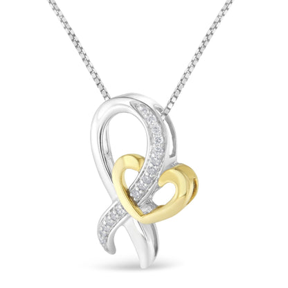 Two-toned necklace pendant with an intertwined design featuring a polished yellow heart and a white curved section accented with round white gemstones, shown from the front angle.