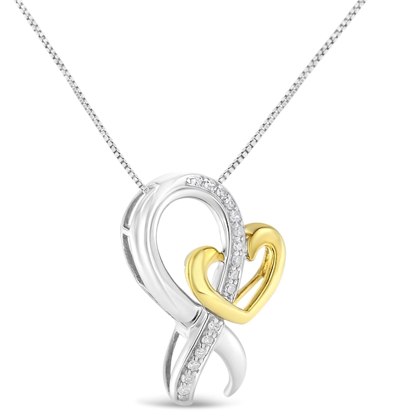 Close-up front view of a two-toned necklace pendant with an intertwined ribbon design featuring white round gemstones in a prong setting and a smooth yellow heart shape.