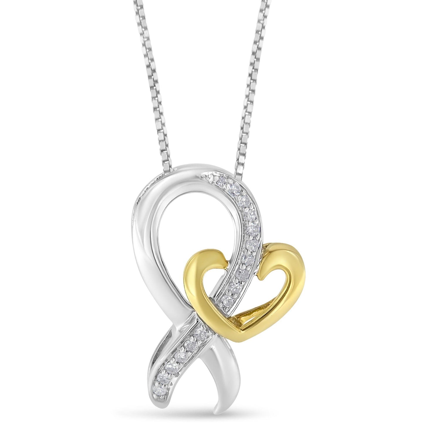 Front view of a two-toned necklace pendant featuring an infinity shape accented with white prong-set round gemstones and an intertwined yellow heart detail on a box chain.