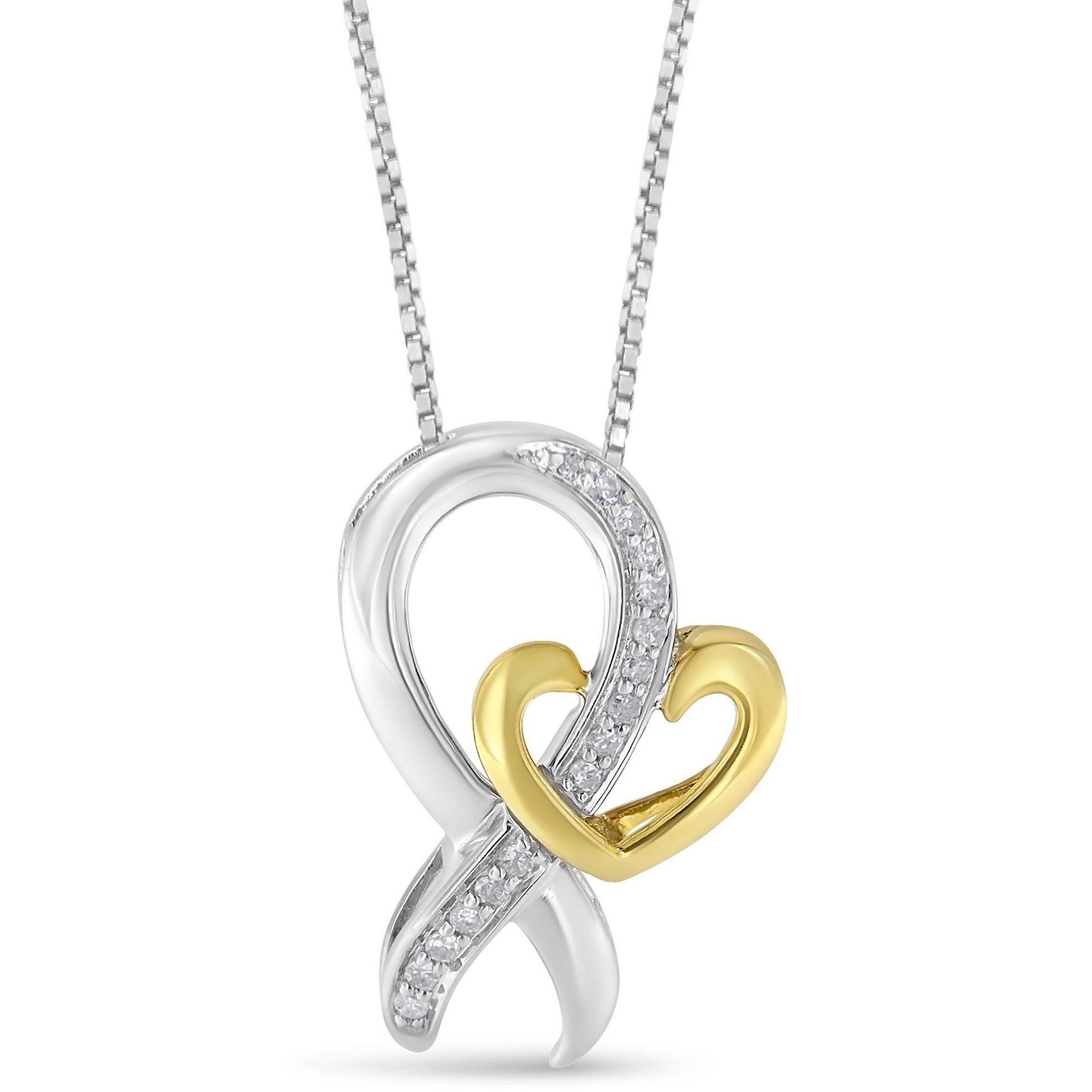 Front view of a two-toned necklace pendant featuring an infinity shape accented with white prong-set round gemstones and an intertwined yellow heart detail on a box chain.