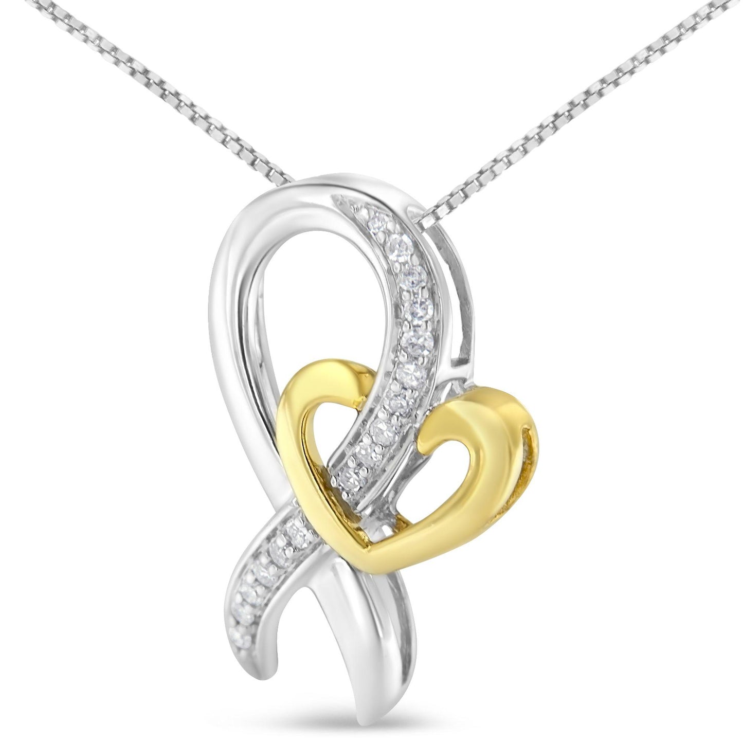 Front angled view of a two-toned necklace pendant featuring an infinity design adorned with white round prong-set gemstones and a yellow heart accent intertwined within the infinity loop.