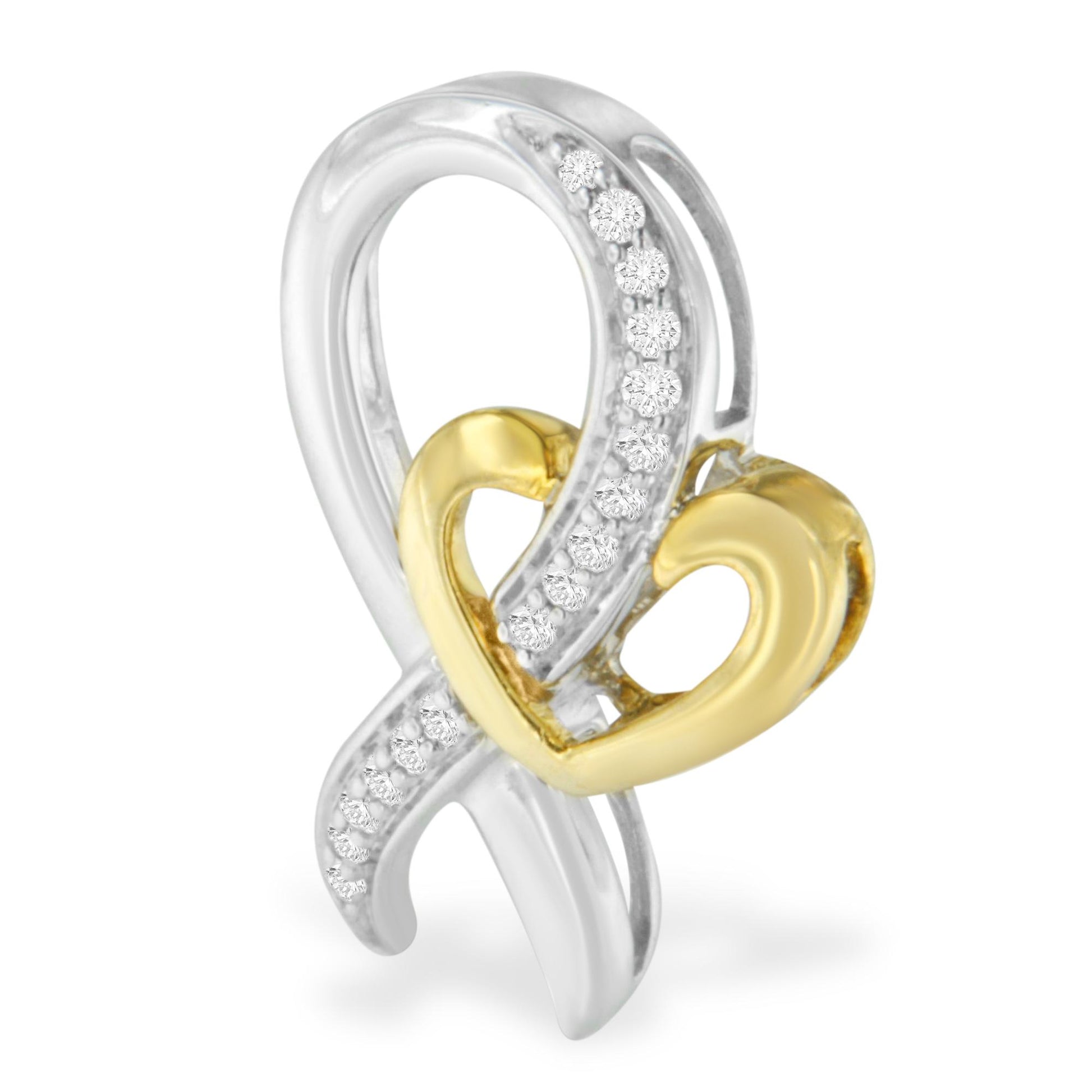 Close-up front angle of a necklace pendant featuring an intertwined yellow and white metal design with a gold-colored heart shape and a white metal loop adorned with white round gemstones in prong settings.