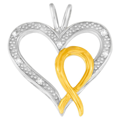 Two-toned heart-shaped necklace pendant with a yellow ribbon element wrapped inside, accented with round white gemstones, front view.