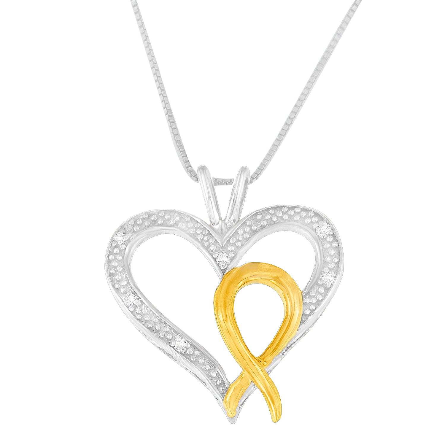 Front view of two-toned heart-shaped necklace pendant with an open design, featuring a yellow ribbon detail and scattered white round prong-set gemstones, hanging on a chain.