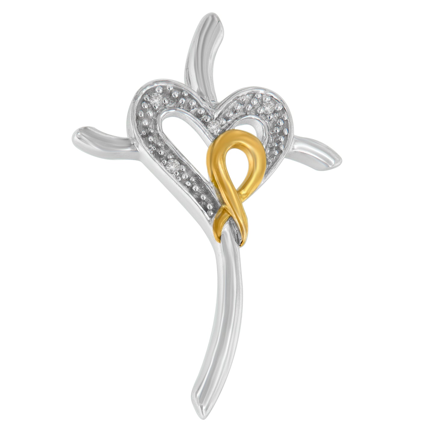Close-up front angle of a two-tone necklace pendant with a white metal heart accented by white round gemstones in prong settings and a yellow metal ribbon detail intertwined.