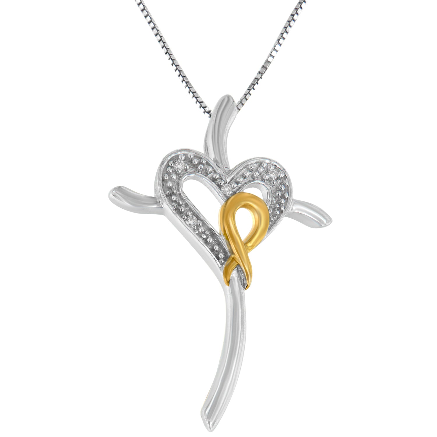 Front view of a two-tone necklace pendant featuring a heart shape with white gemstones and an intertwined yellow metal ribbon design.