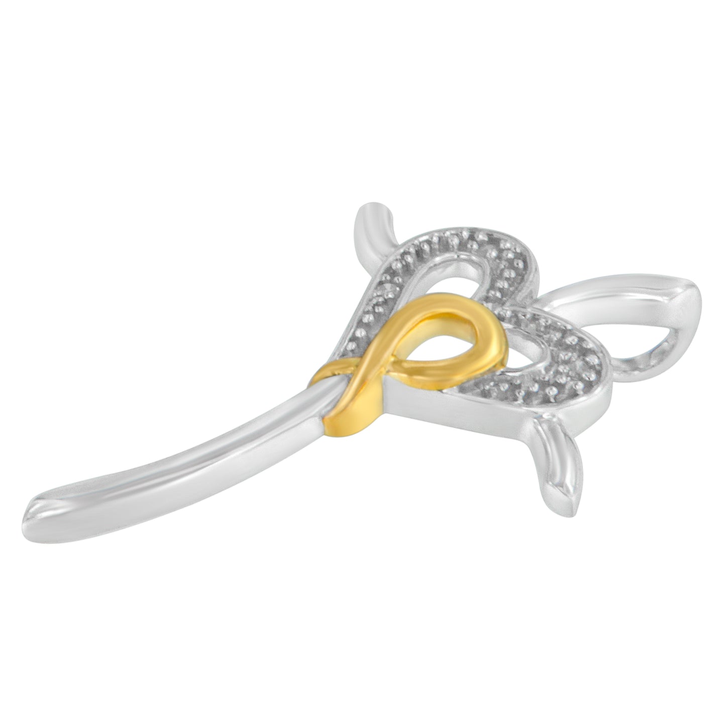 Close-up front angle of a butterfly-shaped necklace pendant with yellow and white metal colors, featuring four round white gemstones in prong settings.