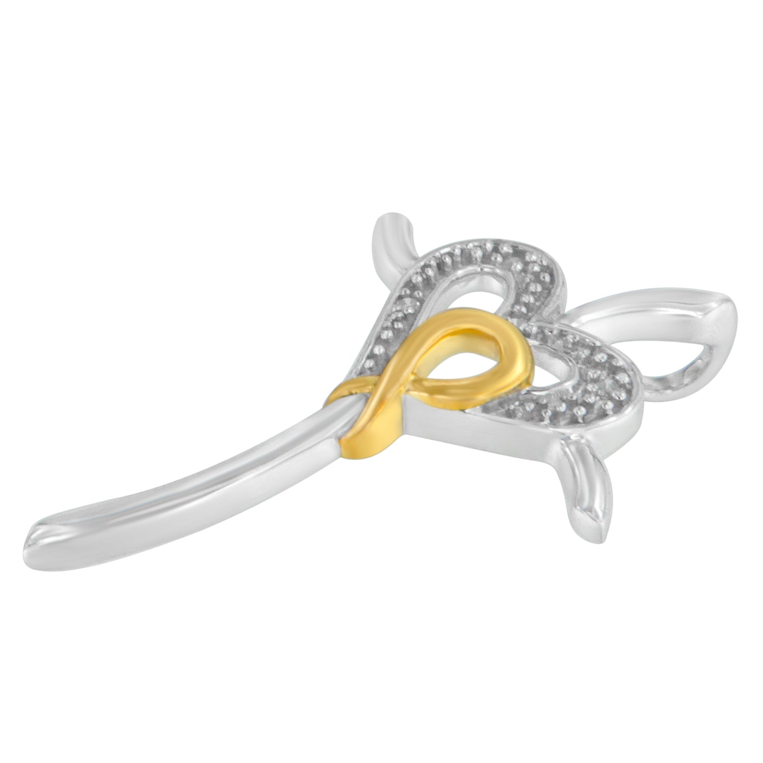 Close-up front angle of a butterfly-shaped necklace pendant with yellow and white metal colors, featuring four round white gemstones in prong settings.