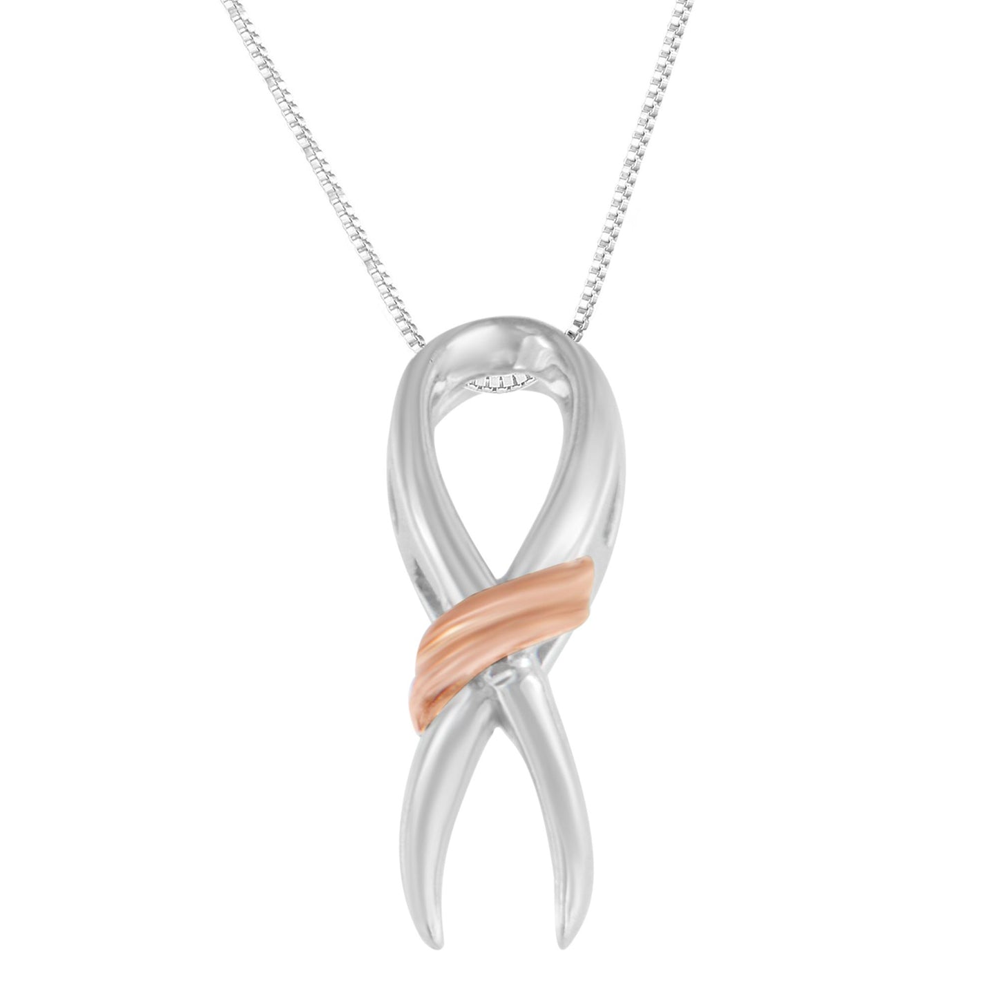 Front angle view of a two-toned necklace pendant shaped like an elegant looping ribbon with a smooth rose-toned accent crossing the silver-toned loop.