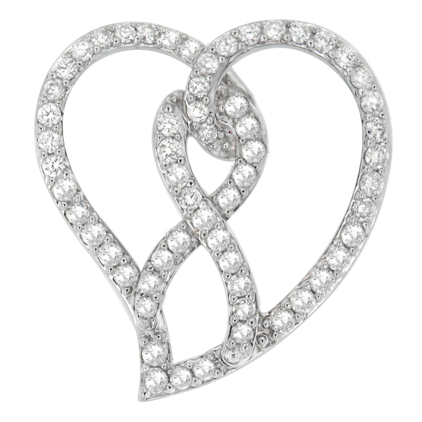 Close-up front angle of a white metal heart-shaped necklace pendant adorned with round white gemstones in prong settings.