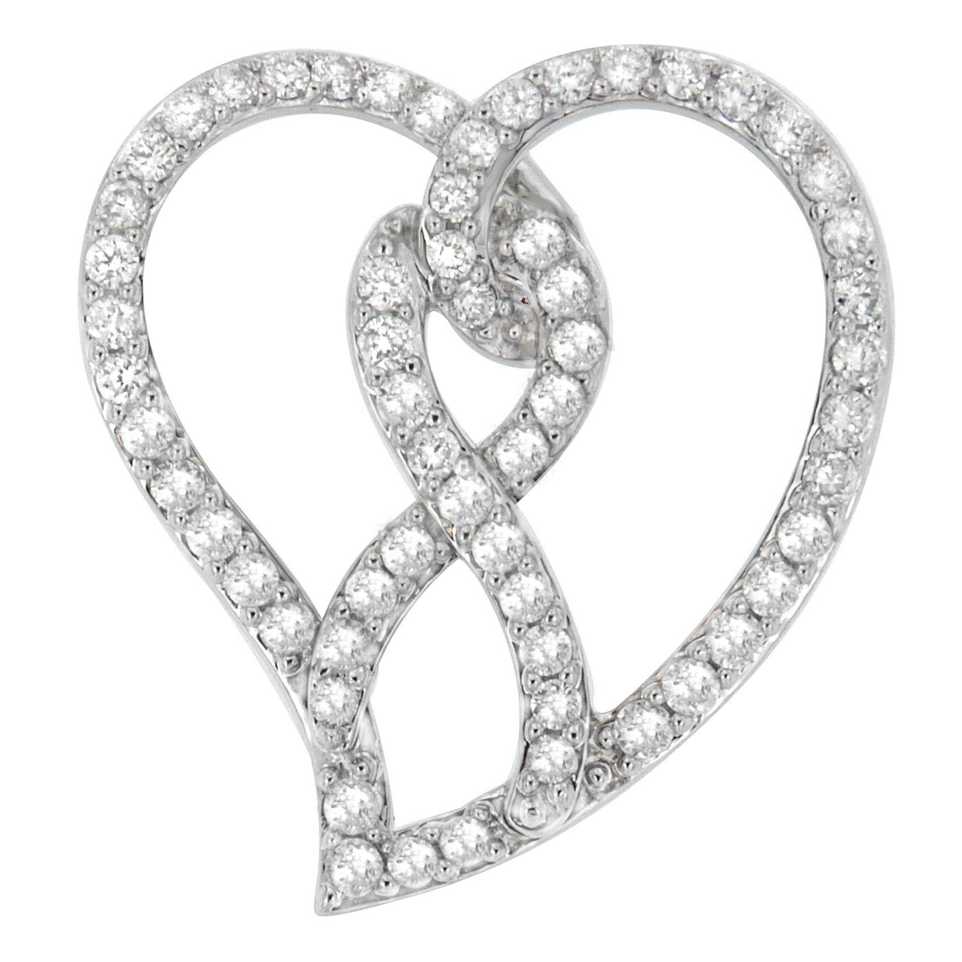 Close-up front angle of a white metal heart-shaped necklace pendant adorned with round white gemstones in prong settings.
