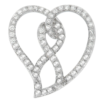 Close-up front angle of a white metal heart-shaped necklace pendant adorned with round white gemstones in prong settings.