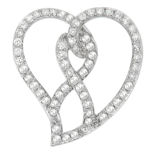 Close-up front angle of a white metal heart-shaped necklace pendant adorned with round white gemstones in prong settings.