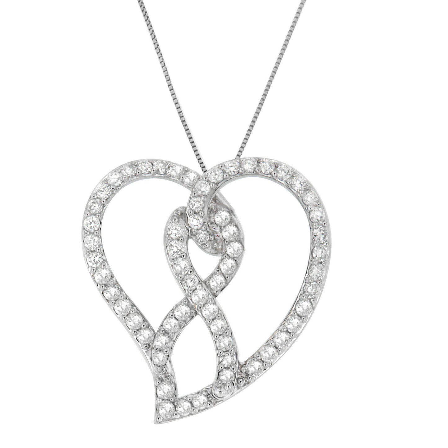 Close-up front view of a white metal heart-shaped necklace pendant with intertwined loops, adorned with round white gemstones in prong settings.