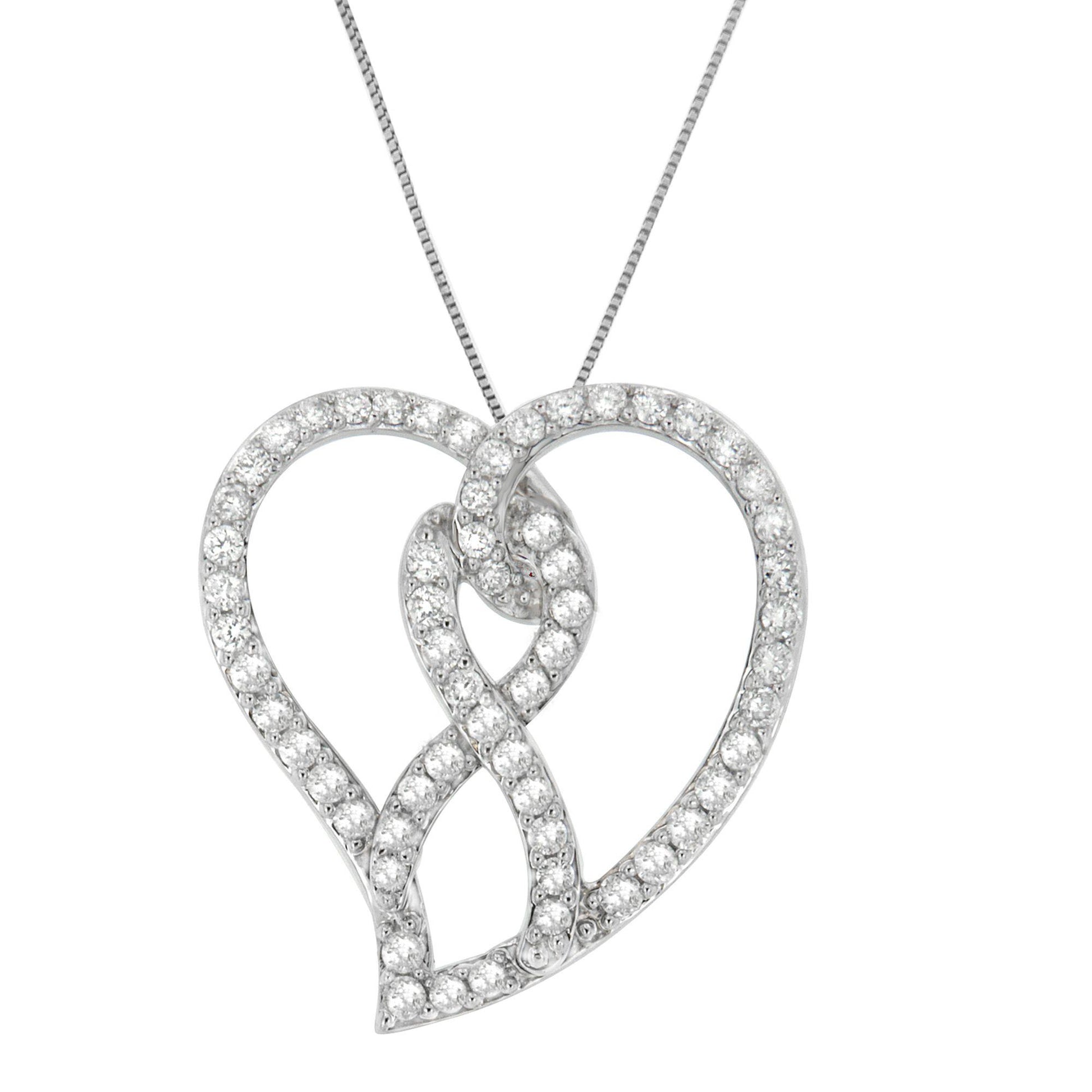Close-up front view of a white metal heart-shaped necklace pendant with intertwined loops, adorned with round white gemstones in prong settings.