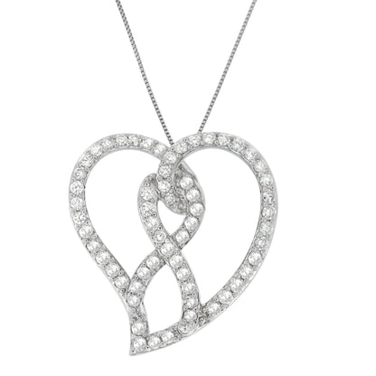 Close-up front view of a white metal heart-shaped necklace pendant with intertwined loops, adorned with round white gemstones in prong settings.