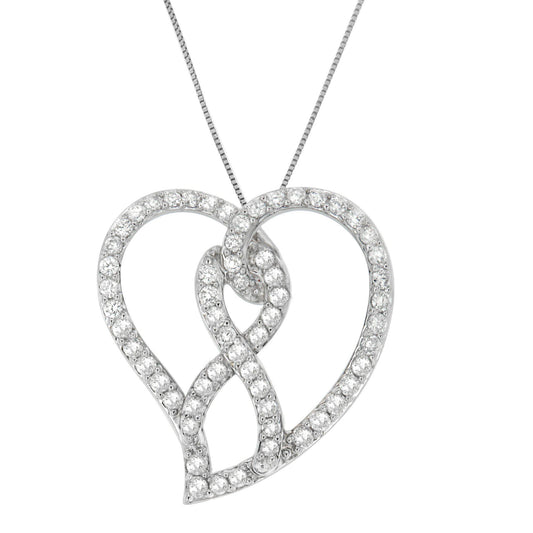Close-up front view of a white metal heart-shaped necklace pendant with intertwined loops, adorned with round white gemstones in prong settings.