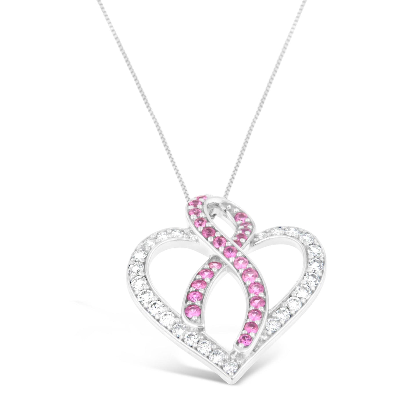 Close-up front angle of a white metal heart-shaped necklace pendant with white and pink round gemstones in prong settings.