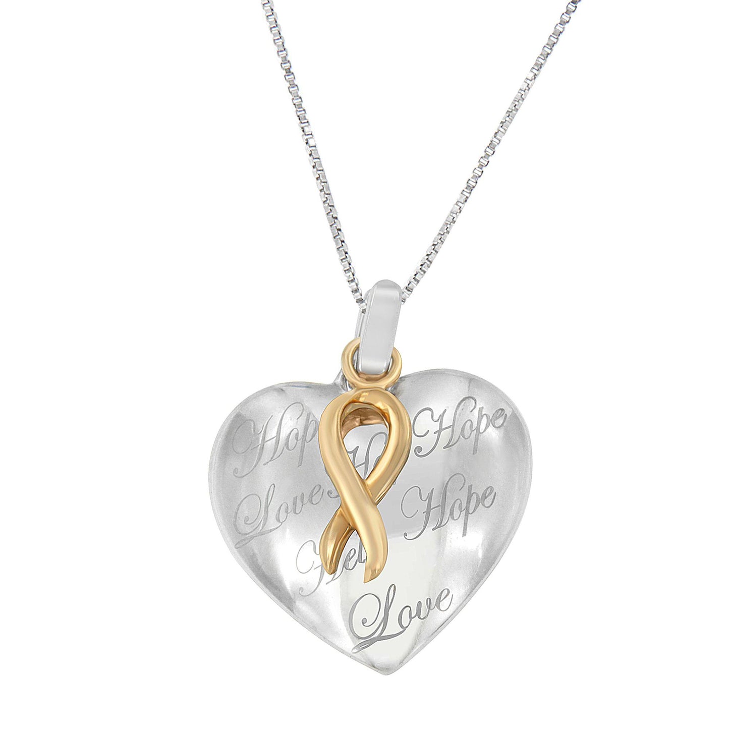 Front angle of a two-toned heart-shaped necklace pendant with engraved words and a gold-toned ribbon design on a silver-toned chain.