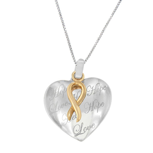 Front angle of a two-toned heart-shaped necklace pendant with engraved words and a gold-toned ribbon design on a silver-toned chain.