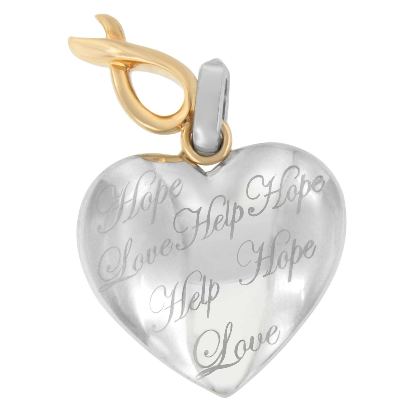 Front-facing close-up of a two-toned heart-shaped necklace pendant with engraved words 'Hope,' 'Help,' and 'Love.'