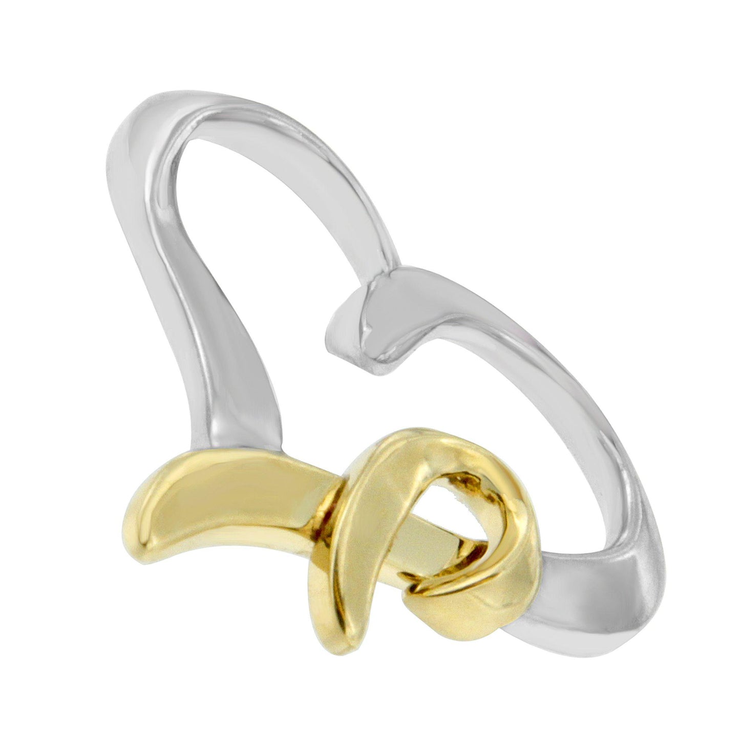 Close-up angled view of a two-toned necklace featuring a silver open heart shape intertwined with a polished gold knot design.