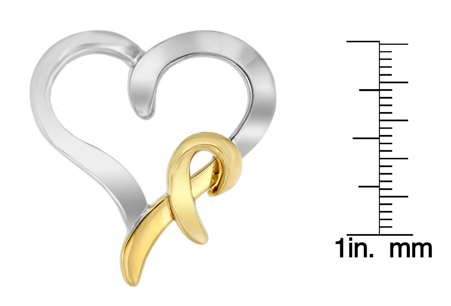 Two-toned heart-shaped necklace pendant with a ribbon detail, shown from a front angle, placed next to a ruler for size reference.