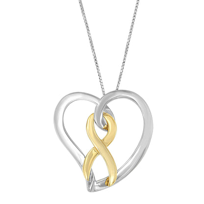 Front-facing shot of a two-toned heart-shaped necklace pendant with an intertwined infinity symbol in the center.