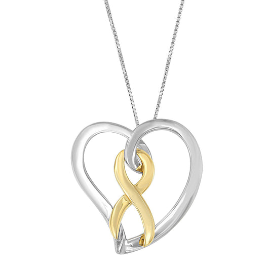 Front-facing shot of a two-toned heart-shaped necklace pendant with an intertwined infinity symbol in the center.