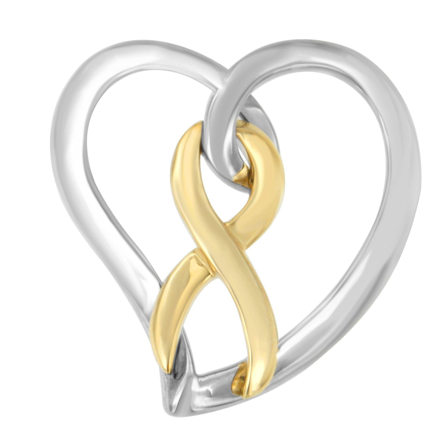 Close-up front angle of a two-toned heart-shaped necklace pendant featuring an intertwined yellow and silver metal design.