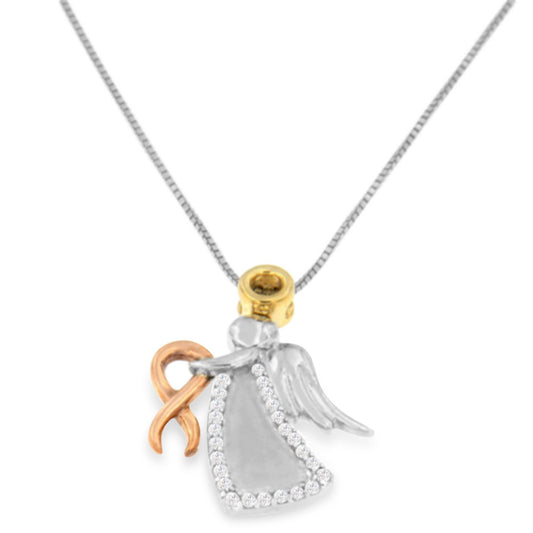 Front angle view of a tri-toned necklace featuring an angel-shaped pendant with white round prong-set gemstones along the angel's outline, holding a loop detail.