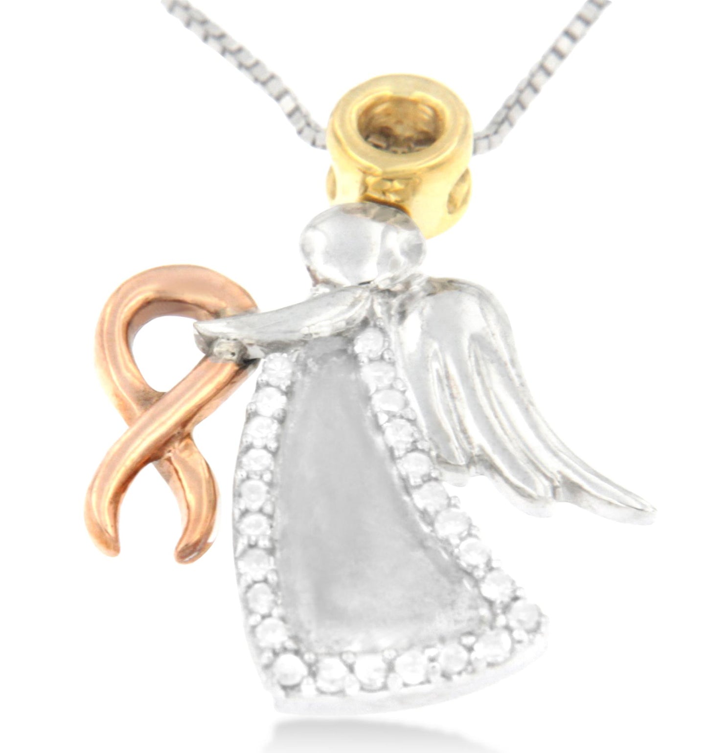 Close-up front angle of a tri-toned angel pendant necklace with white round prong-set gemstones outlining the angel's dress and a rose-toned awareness ribbon beside it.