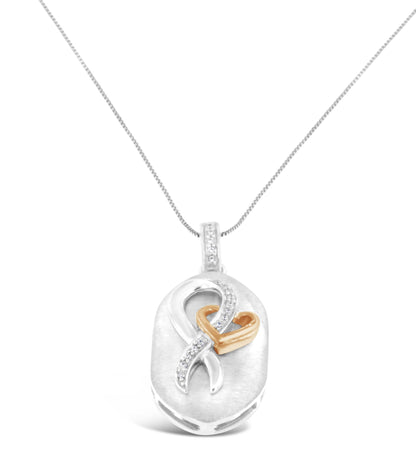 Front-facing shot of a two-toned necklace pendant with a round prong-set white gemstone infinity symbol intertwined with a smooth heart shape, hanging from a delicate chain.