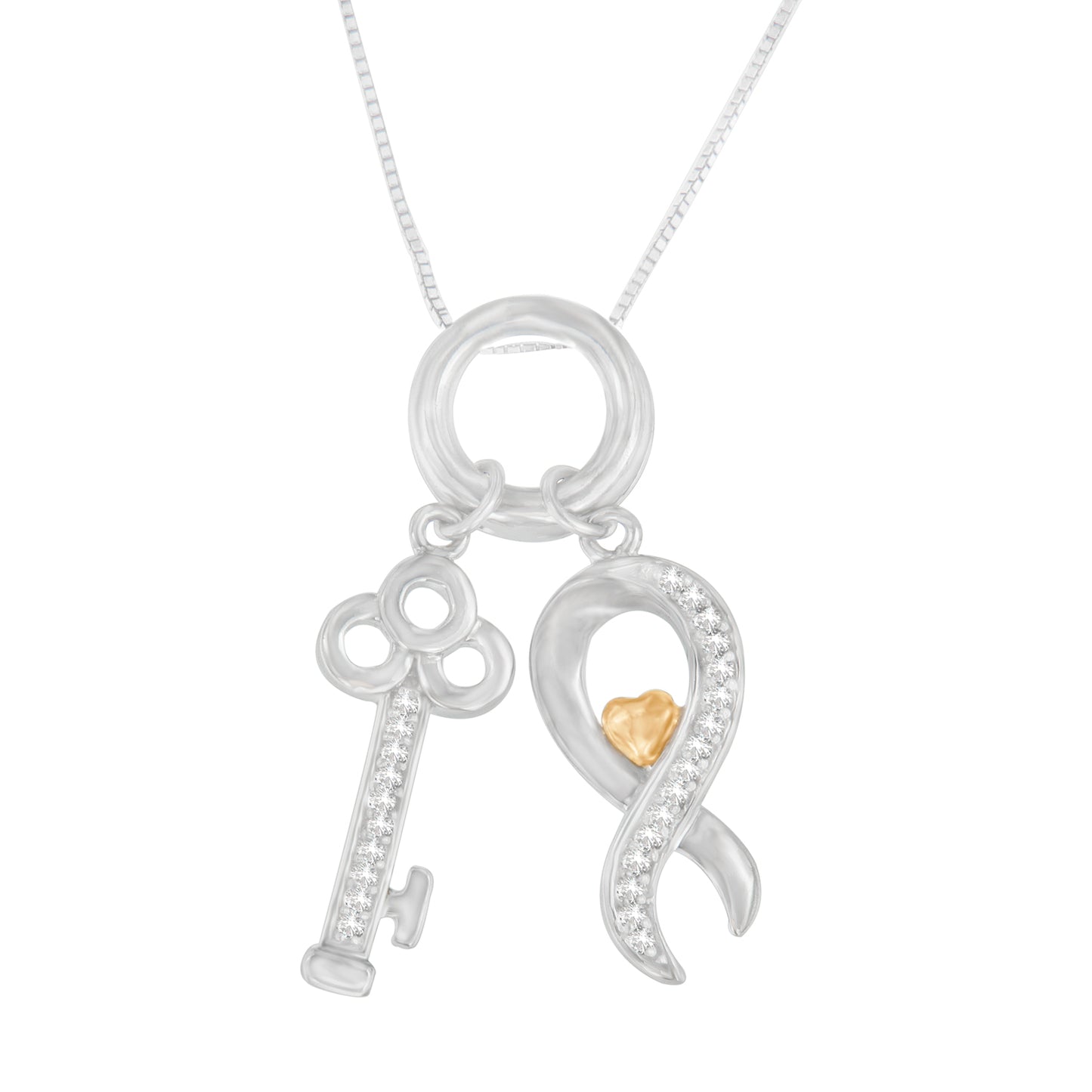 Front view of a dual pendant necklace with a white metal key and an infinity-shaped white metal ribbon accented with white gemstones and a small yellow metal heart, hanging from a white metal chain.