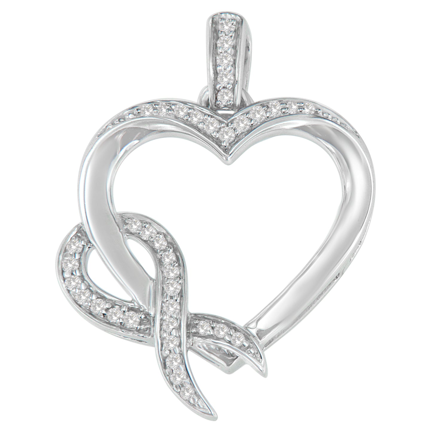 Front angled view of a white metal heart-shaped necklace pendant featuring a curling ribbon design partially encrusted with white round prong-set gemstones.