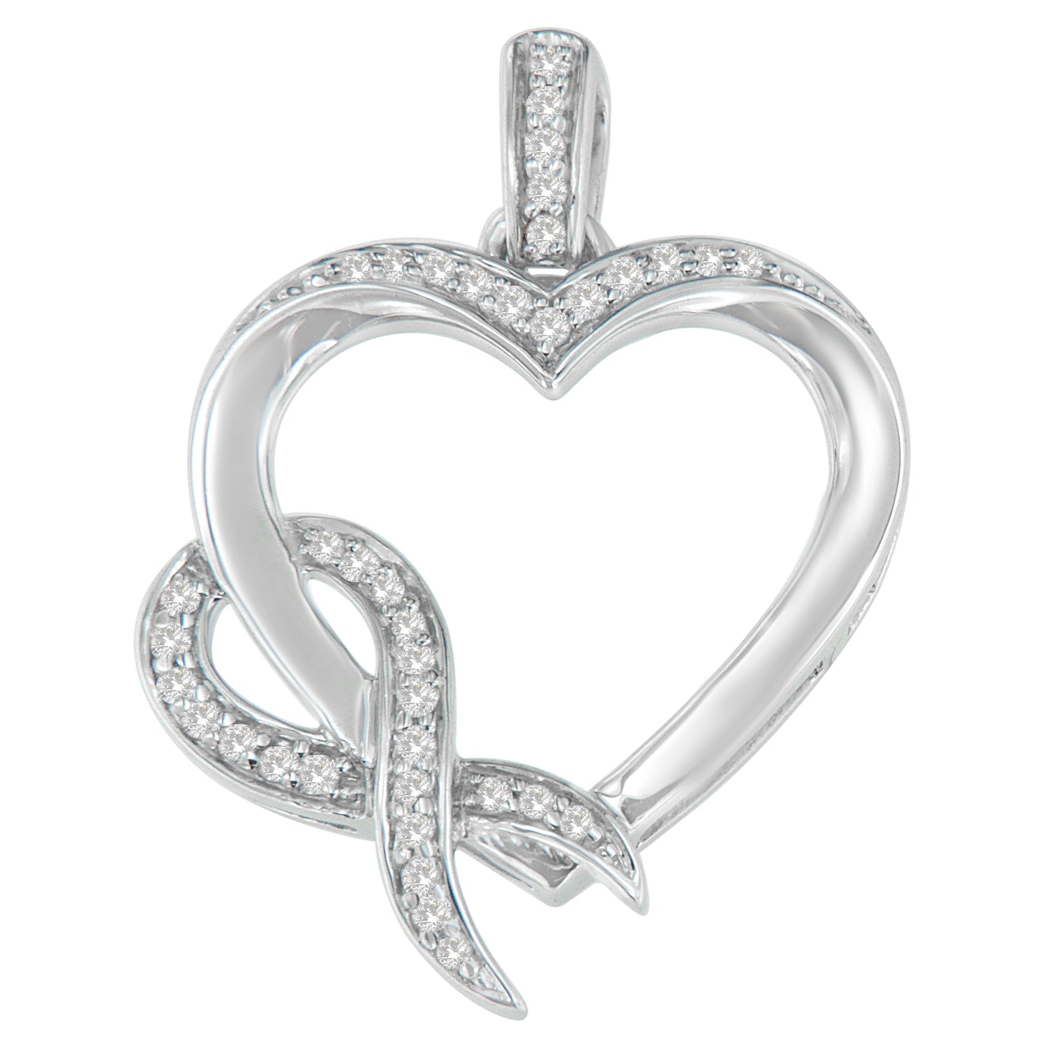 Front angled view of a white metal heart-shaped necklace pendant featuring a curling ribbon design partially encrusted with white round prong-set gemstones.