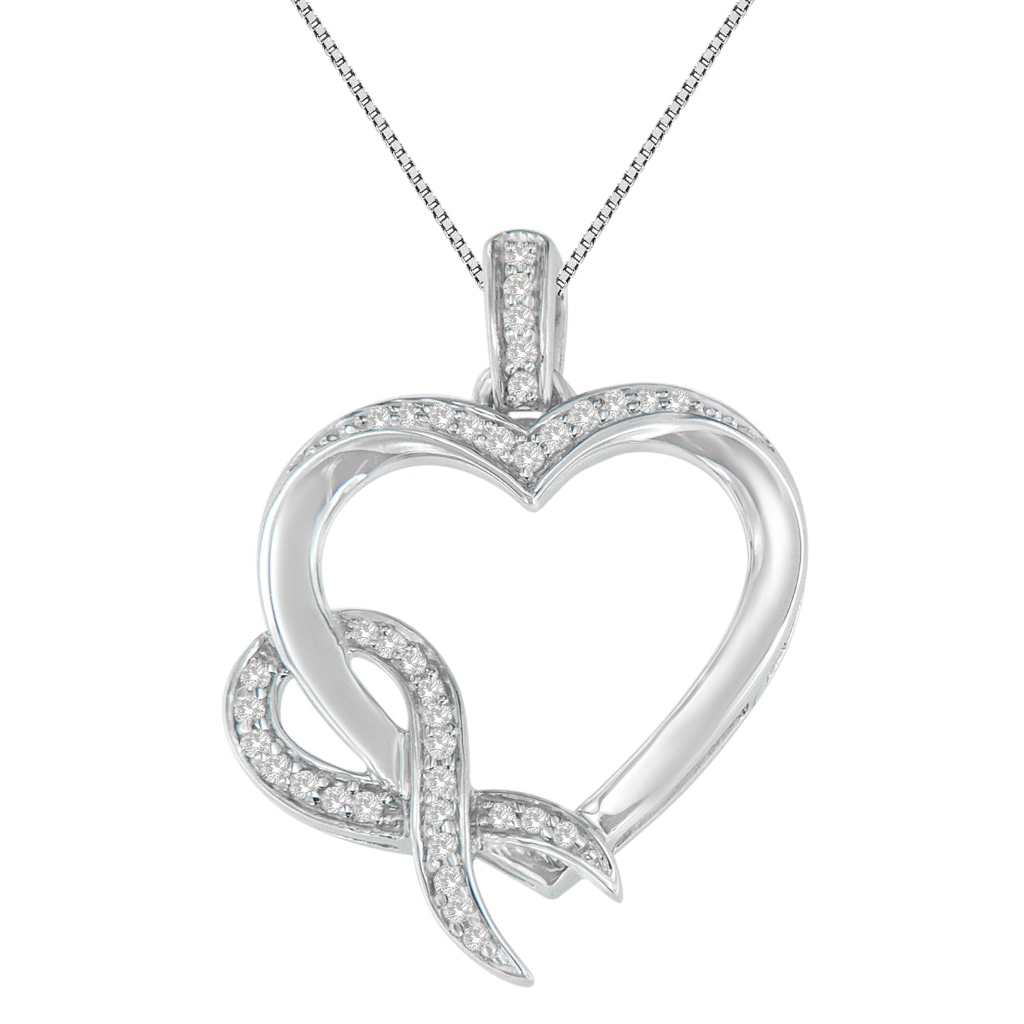 Front-facing close-up of a white metal heart-shaped necklace pendant with intertwined design, adorned with round white gemstones in prong settings.