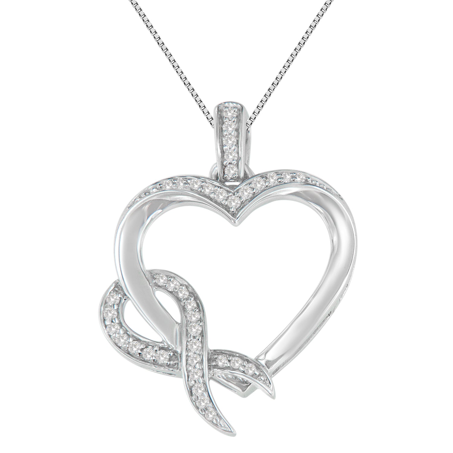 Front-facing close-up of a white metal heart-shaped necklace pendant with intertwined design, adorned with round white gemstones in prong settings.