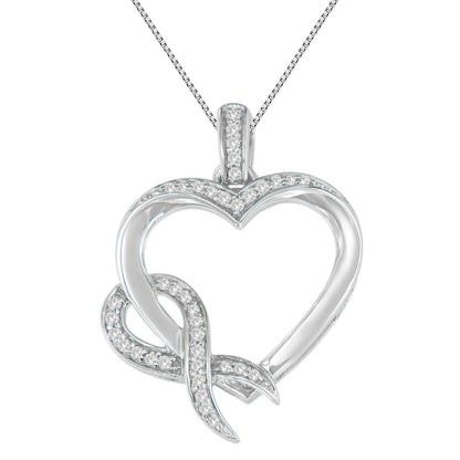 Front-facing close-up of a white metal heart-shaped necklace pendant with intertwined design, adorned with round white gemstones in prong settings.