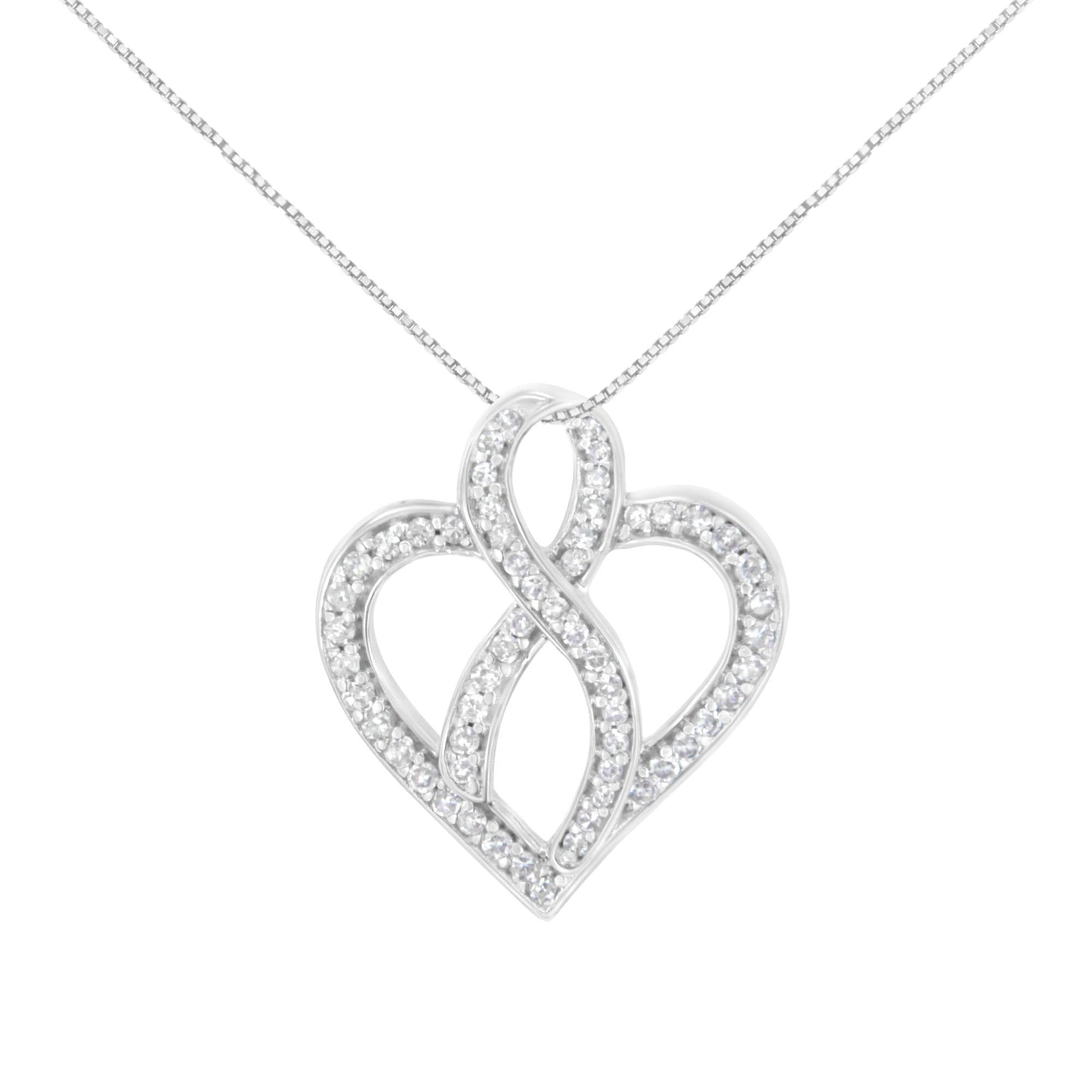 Front view of a white metal heart-shaped necklace pendant adorned with round white gemstones in a prong setting.