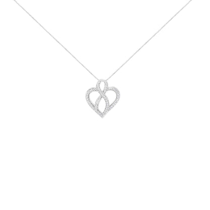 Front view of white metal necklace with an intertwined heart-shaped pendant set with round white gemstones in prong settings.