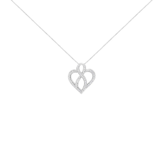 Front view of white metal necklace with an intertwined heart-shaped pendant set with round white gemstones in prong settings.
