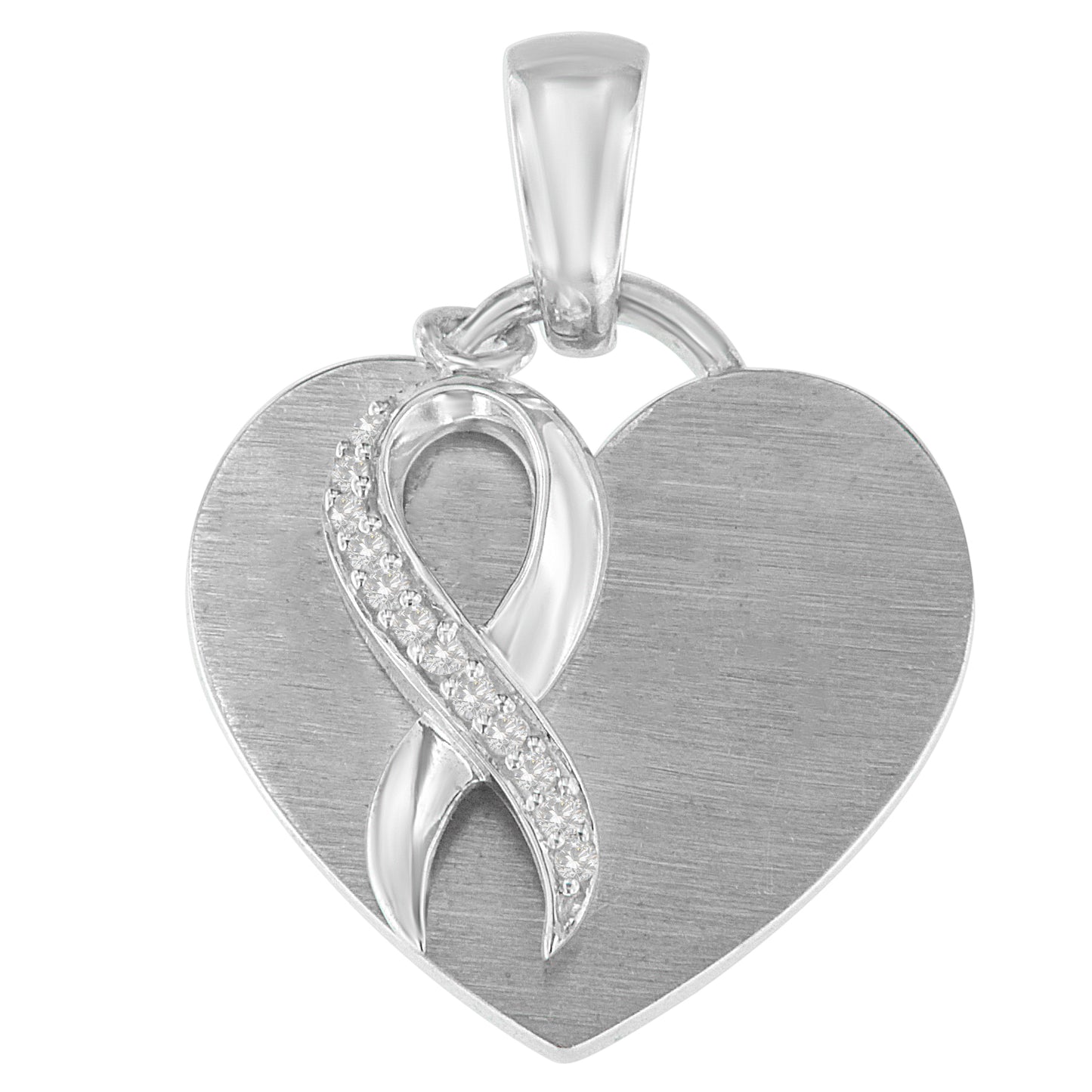 Close-up front view of a white metal heart-shaped necklace pendant featuring an infinity ribbon decorated with round white gemstones in prong settings across its curve.
