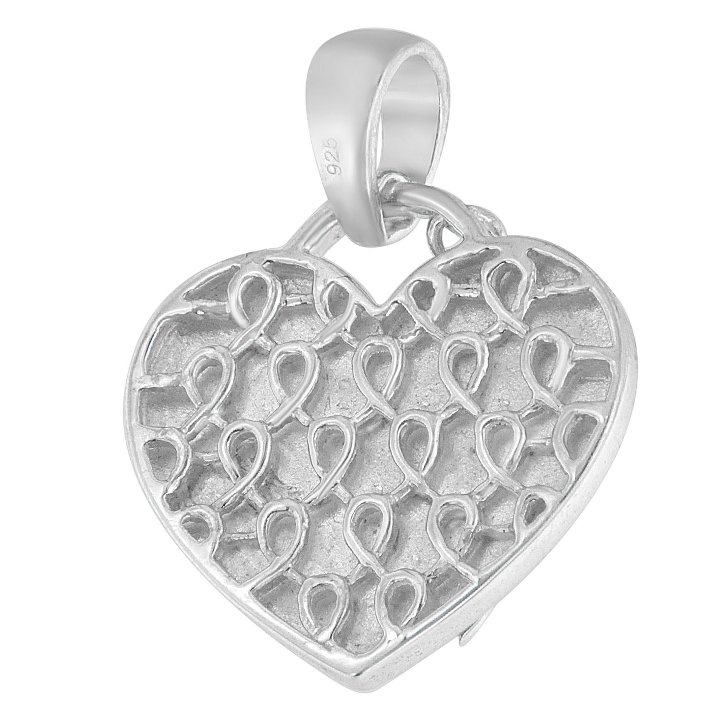 Close-up front angle of a white metal heart-shaped necklace pendant with an intricate openwork loop pattern and no visible gemstones.