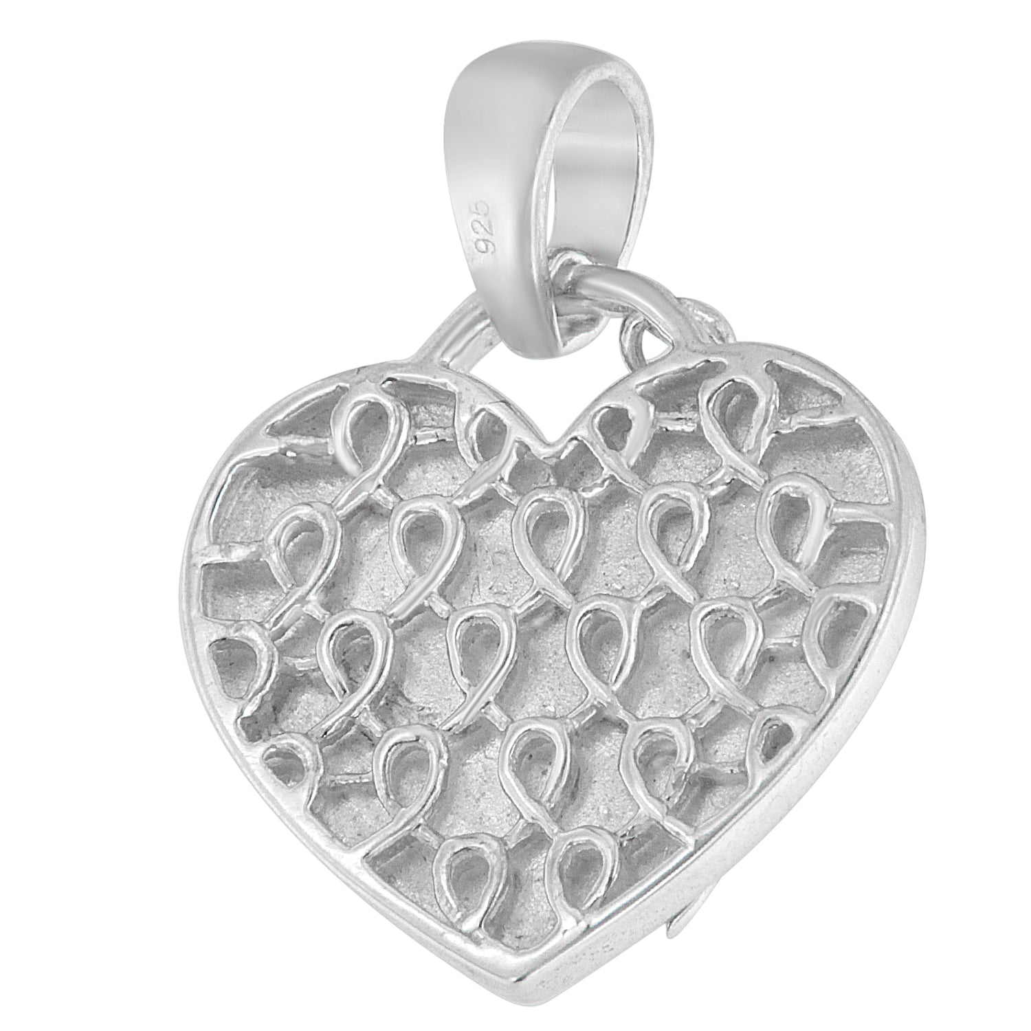 Close-up front angle of a white metal heart-shaped necklace pendant with an intricate openwork loop pattern and no visible gemstones.