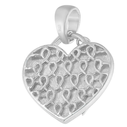Close-up front angle of a white metal heart-shaped necklace pendant with an intricate openwork loop pattern and no visible gemstones.