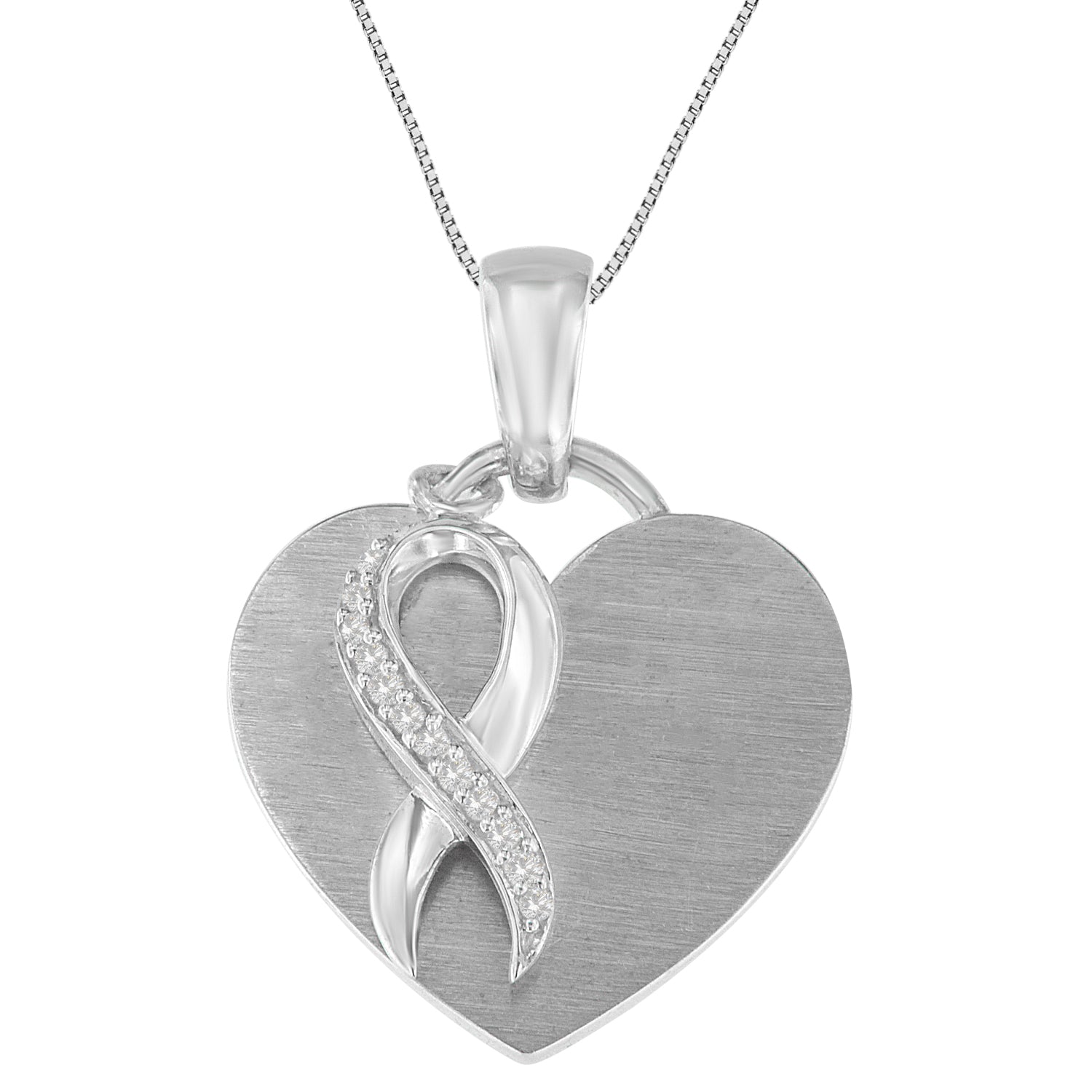 White metal heart-shaped necklace pendant with an infinity symbol adorned with prong-set round white gemstones, shown in a front-facing close-up view.
